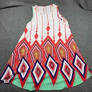 42 Pops Womens Sleeveless Dress‎ Sz. L White Red Blue Diamond Print Casual *READ
